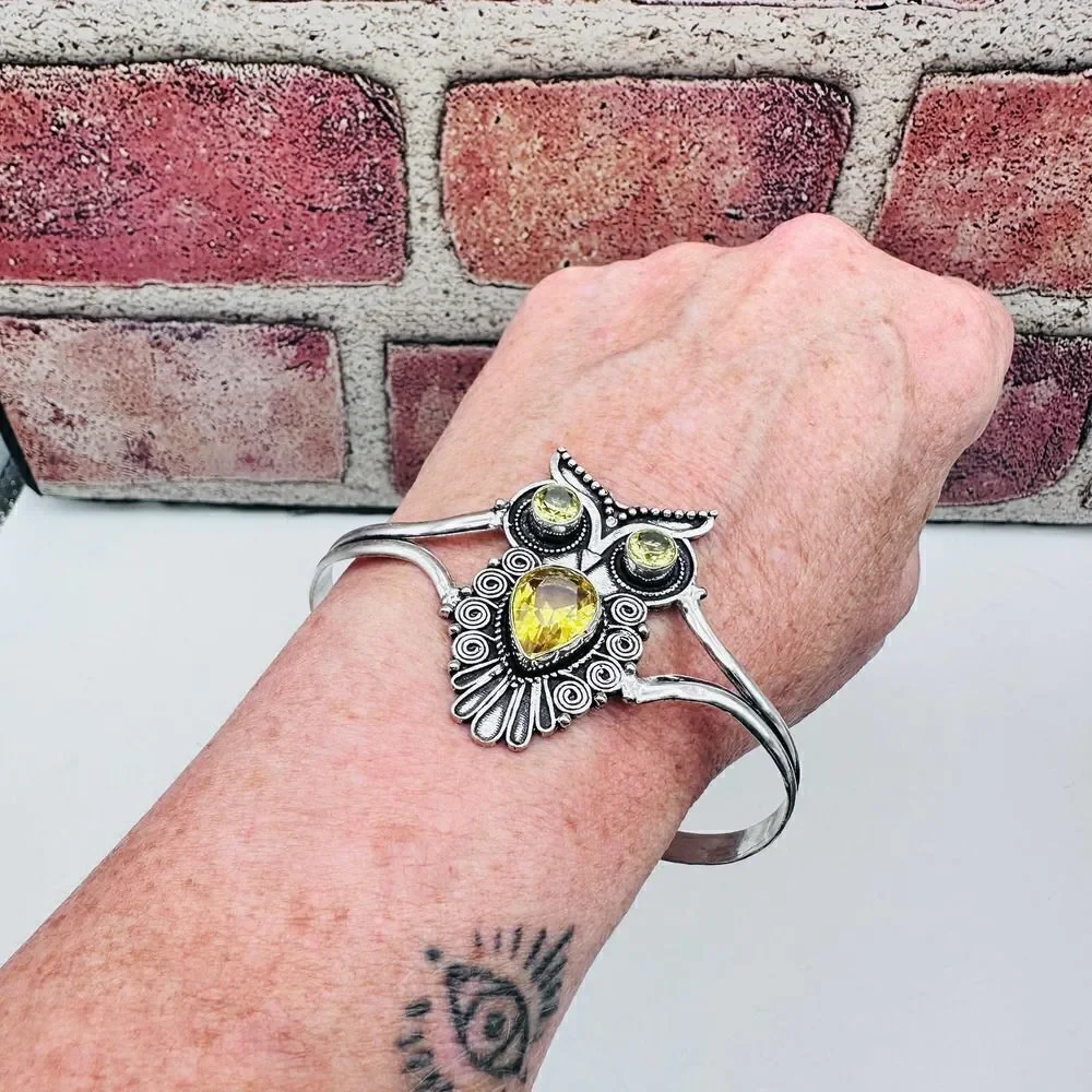 Citrine Owl Bangle Sterling Silver Plated Bracelet